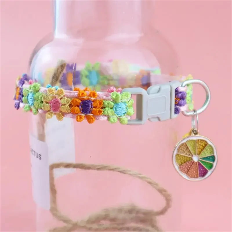 Fashion Rainbow Flower Cat Collar With Bell Kitten Puppy Necklace Adjustable Buckle Colorful Lace Kitten Collar Dog Accessories