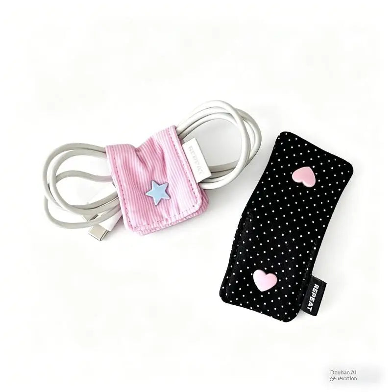 ^Earphone Decoration Accessories Handmade Fabric Cute Wave Dot Earphone Storage Bag Data Cable Organizer