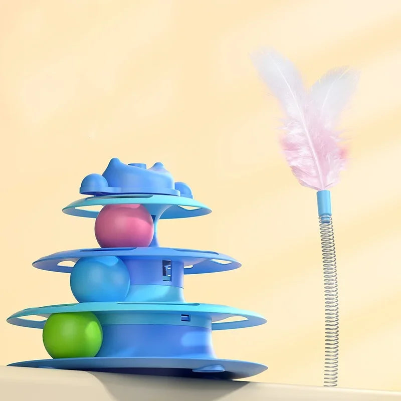 Pattern Feather Cat Toy, Three-layer Rotating Tower with Ball, Indoor Cat Interactive Fun&Christmas, New Year Pet Toys
