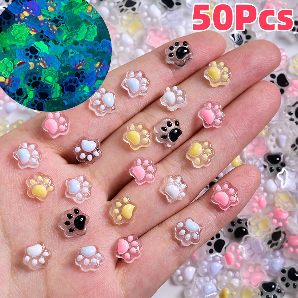 50Pcs 3D Luminous Cat's Paw Nail Charms Cute Resin Cat Paws Y2K Nail Art Decorations DIY Hair Clip Crafts Manicure Accessories
