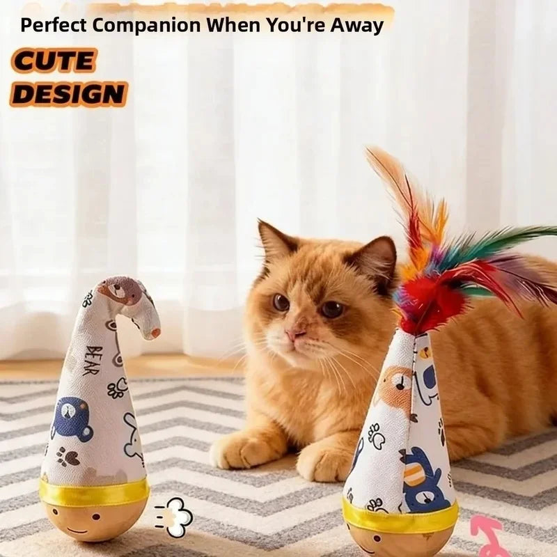 Portable Wear‑Resistant Cat Tumbler Wobbler Interactive Twist Toy With Colorful Feather Entertainment Toy for Indoor Cats Pets