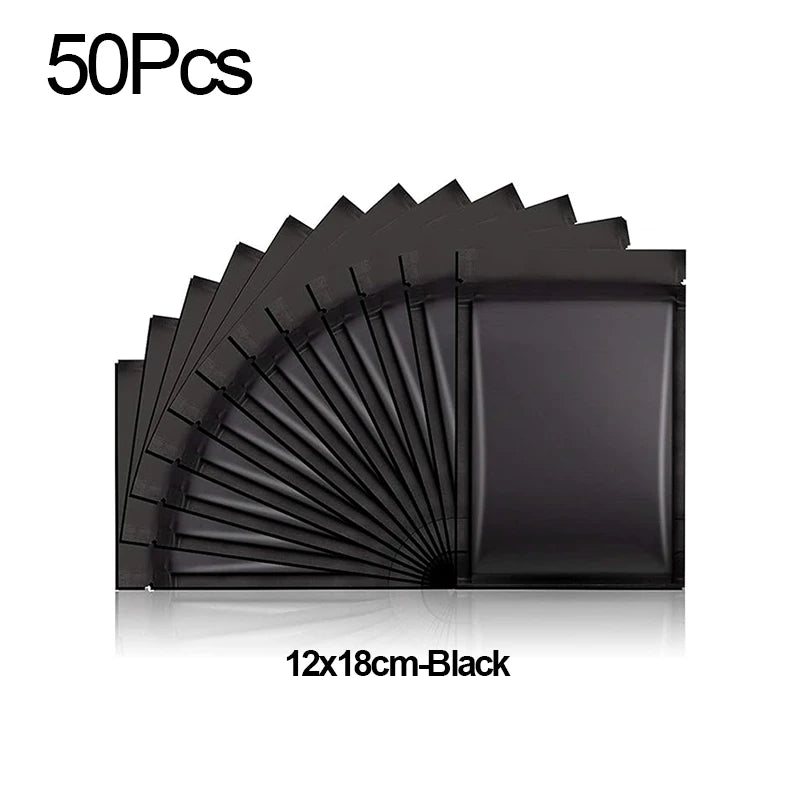 50PCS Resealable Coffee Herb Powder Zipper Pack Bag Smell Proof Flat Pouches Matte Black Small Aluminum Foil Zip Lock