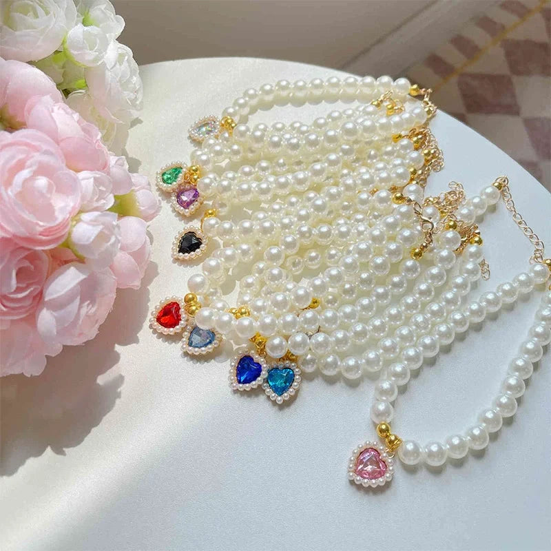 Lovely Heart Pendant Faux Pearl Pet Necklace Stylish Cat Dog Collar Jewelry Cute Pet Neck Decor Fashion Pet Accessories Wearing