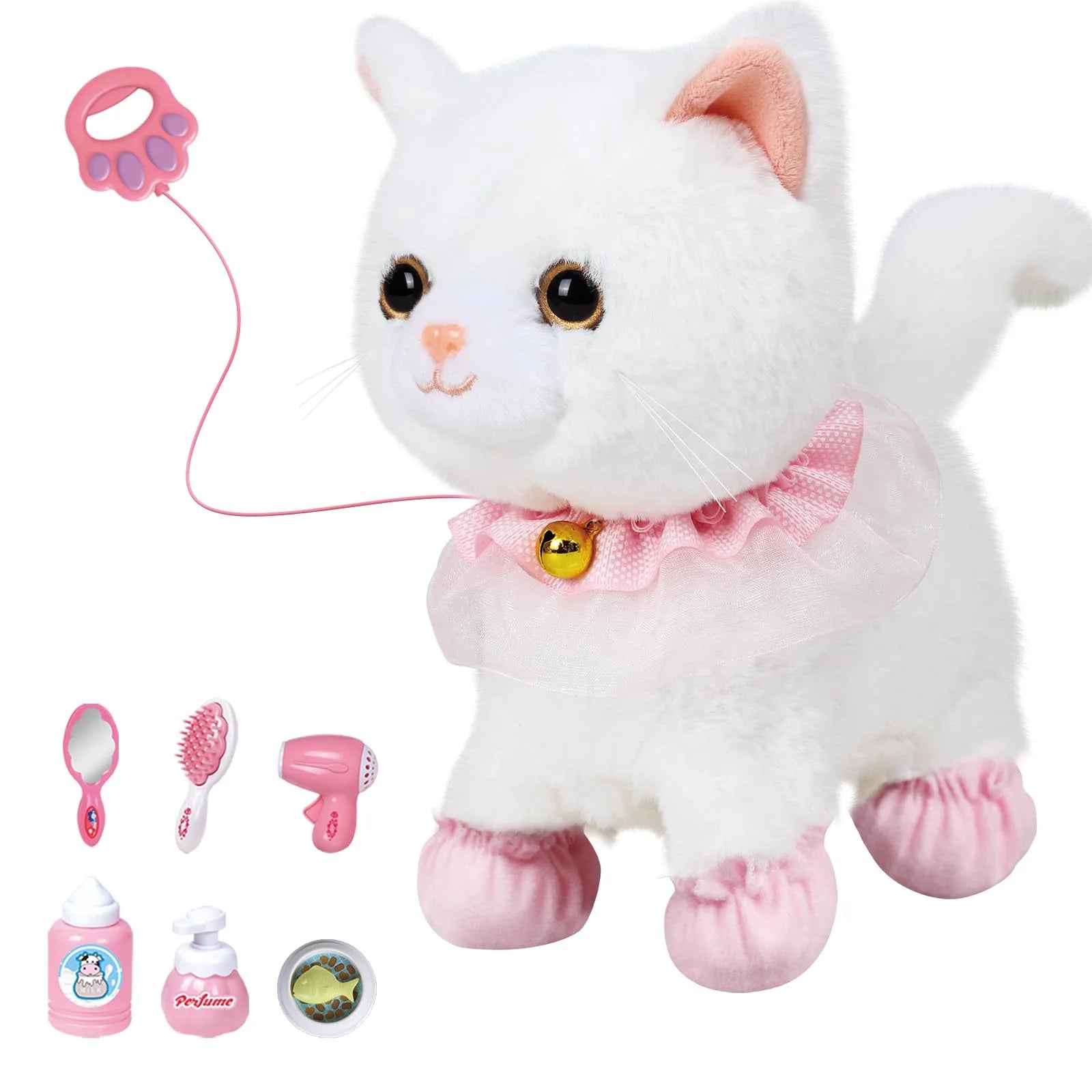 Kids RC Rainbow Cat Plush Toy Walking Kitten Grooming Beauty Accessories Set Adorable Pet Toy Birthday Present For Little Girls