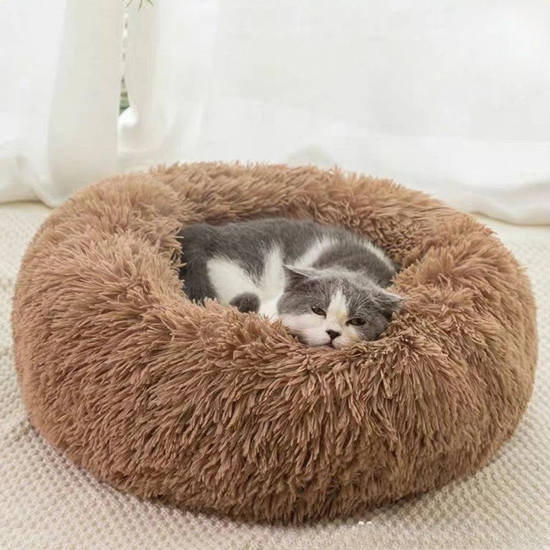 1PC comfortable striped plush pet bed, suitable for cats and dogs, warm, deep sleeping round nest, filled, gray, soft, indoor