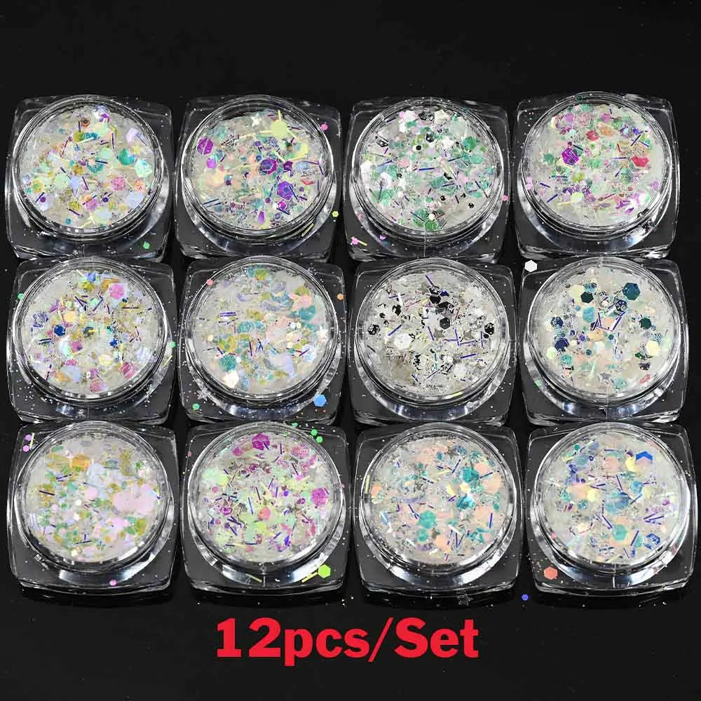 24pcs/Set Sparkly Holographic Fine Sugar Nail Powder Diamond Chrome Pigment Dust For Gel Polish Glitter Manicure Accessories