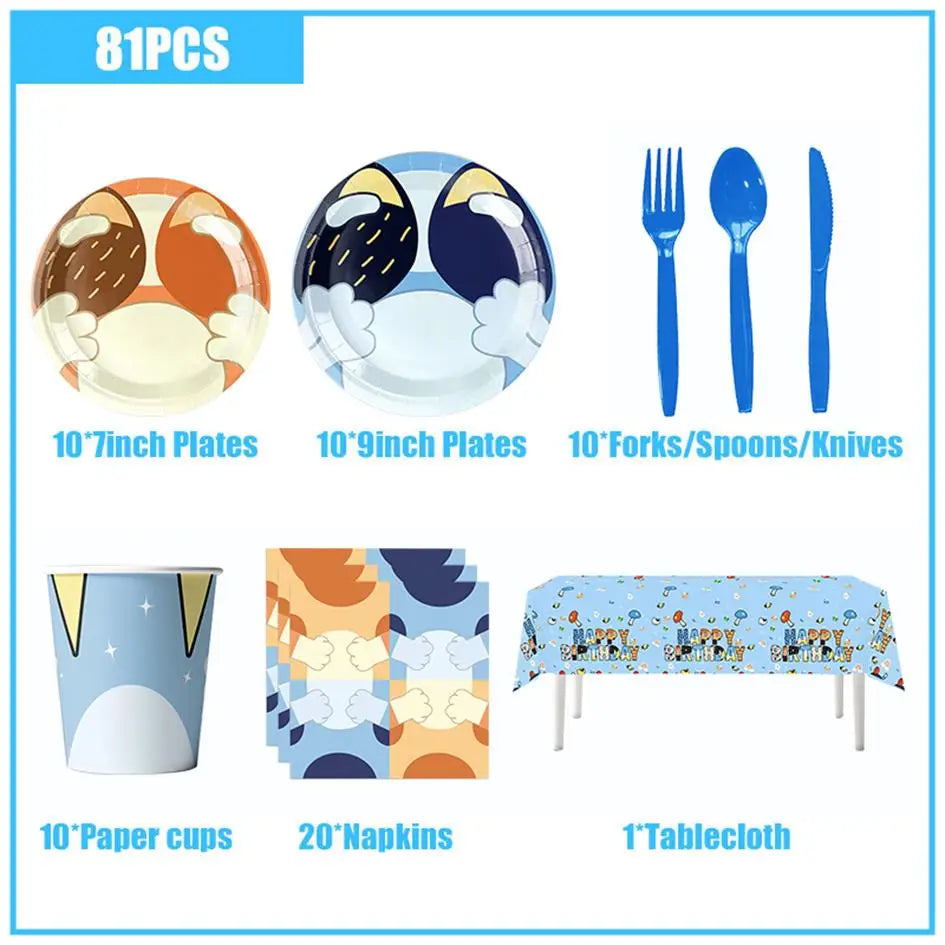 New Cartoon Cute Dog Birthday Party Decoration Kit Blue Dogs Theme Happy Birthday Plates Napkins Cups Tableware Supplies For Kid