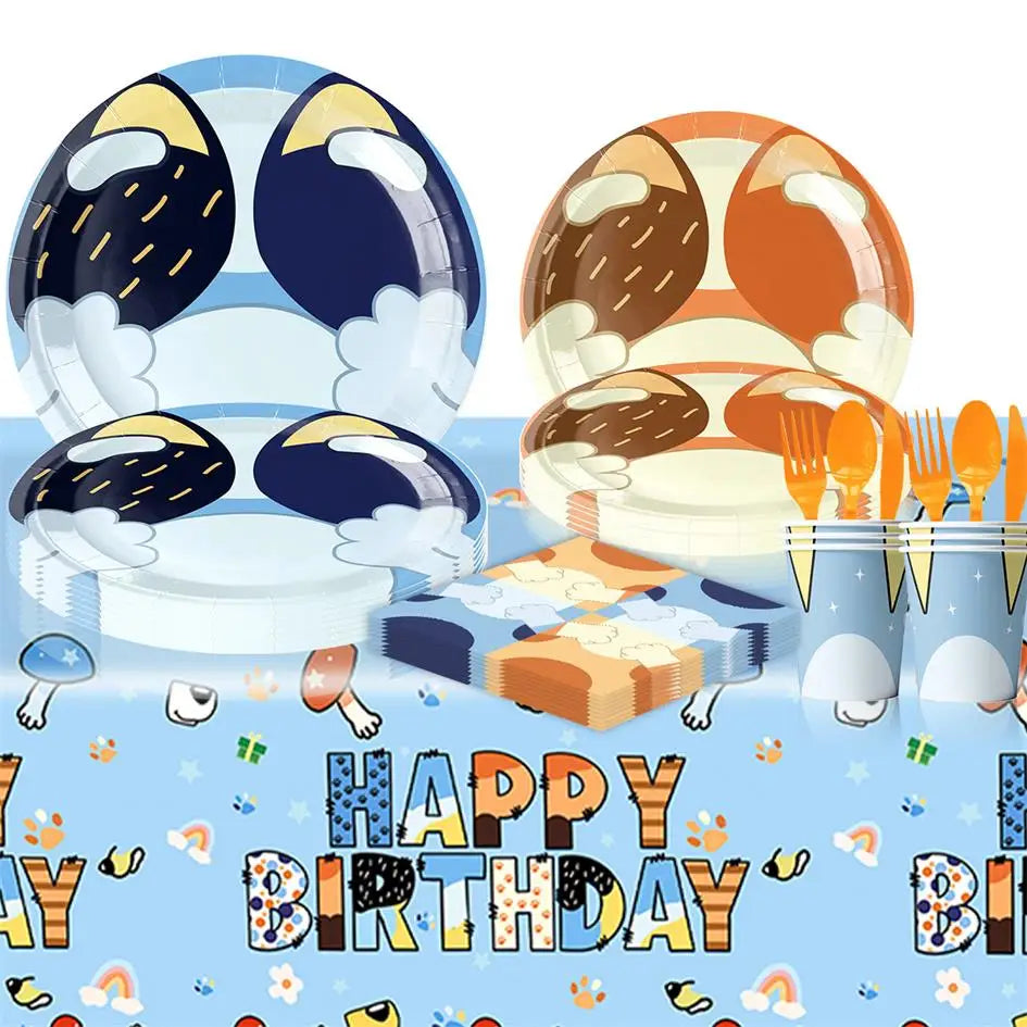 New Cartoon Cute Dog Birthday Party Decoration Kit Blue Dogs Theme Happy Birthday Plates Napkins Cups Tableware Supplies For Kid
