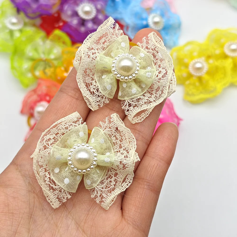 10pcs Bright Double-layer Lace Bows For Dogs 13 Colors Dog Grooming Hair Accessories Pet Rubber Band Hair Clips Puppy Supplies
