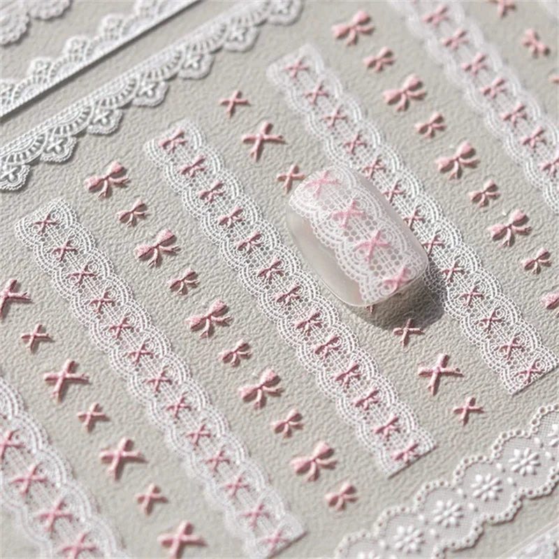1pcs Sweet Pearl Lace Bow Nail Stickers Love Heart Pink White Black Lace Bow Self Adhesive Nail Art Decorations Decals Accessory