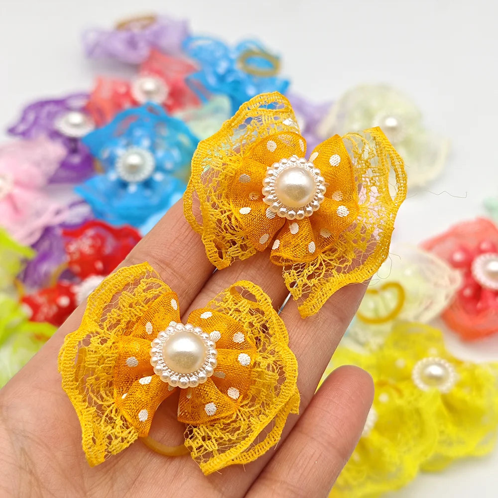 10pcs Bright Double-layer Lace Bows For Dogs 13 Colors Dog Grooming Hair Accessories Pet Rubber Band Hair Clips Puppy Supplies