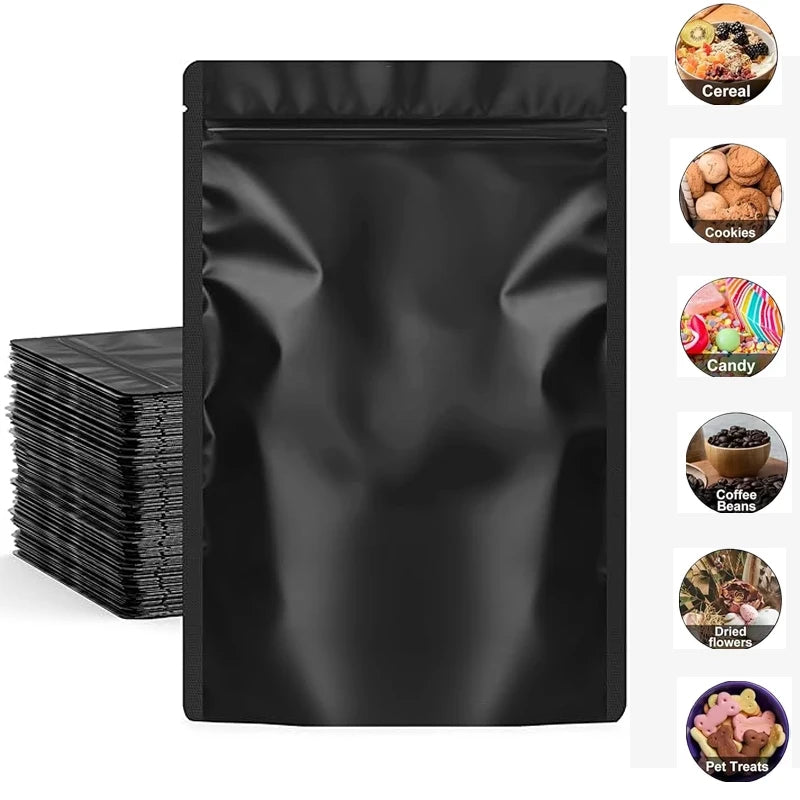 50PCS Resealable Coffee Herb Powder Zipper Pack Bag Smell Proof Flat Pouches Matte Black Small Aluminum Foil Zip Lock