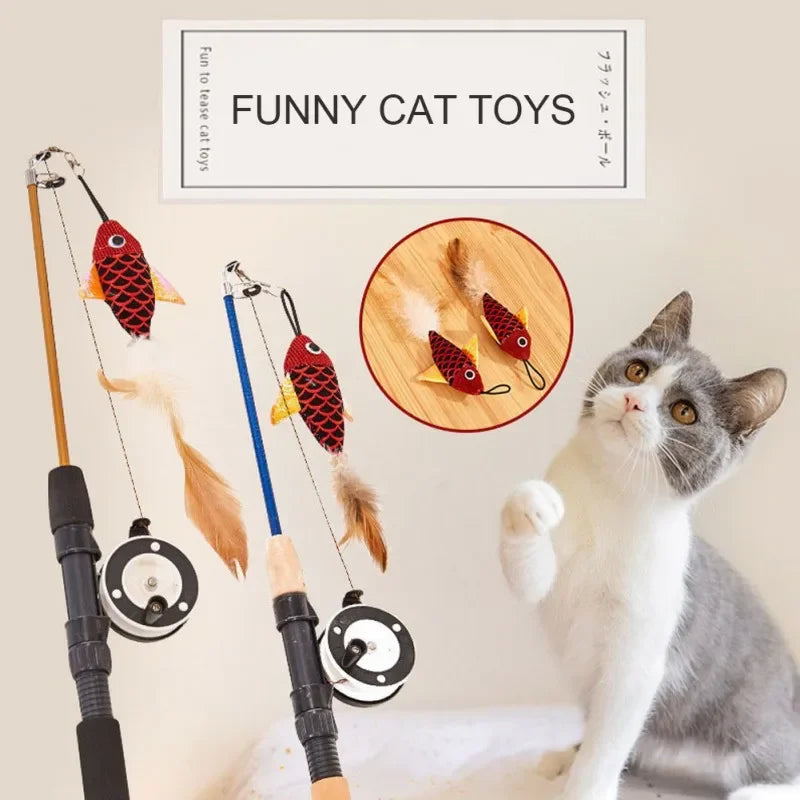M Cat Rods Retractable Cat Toy Fish Type Telescopic Feathers Funny Cat Stick Toys Pet Toy for Kitten Simulation Fishing Rod Play