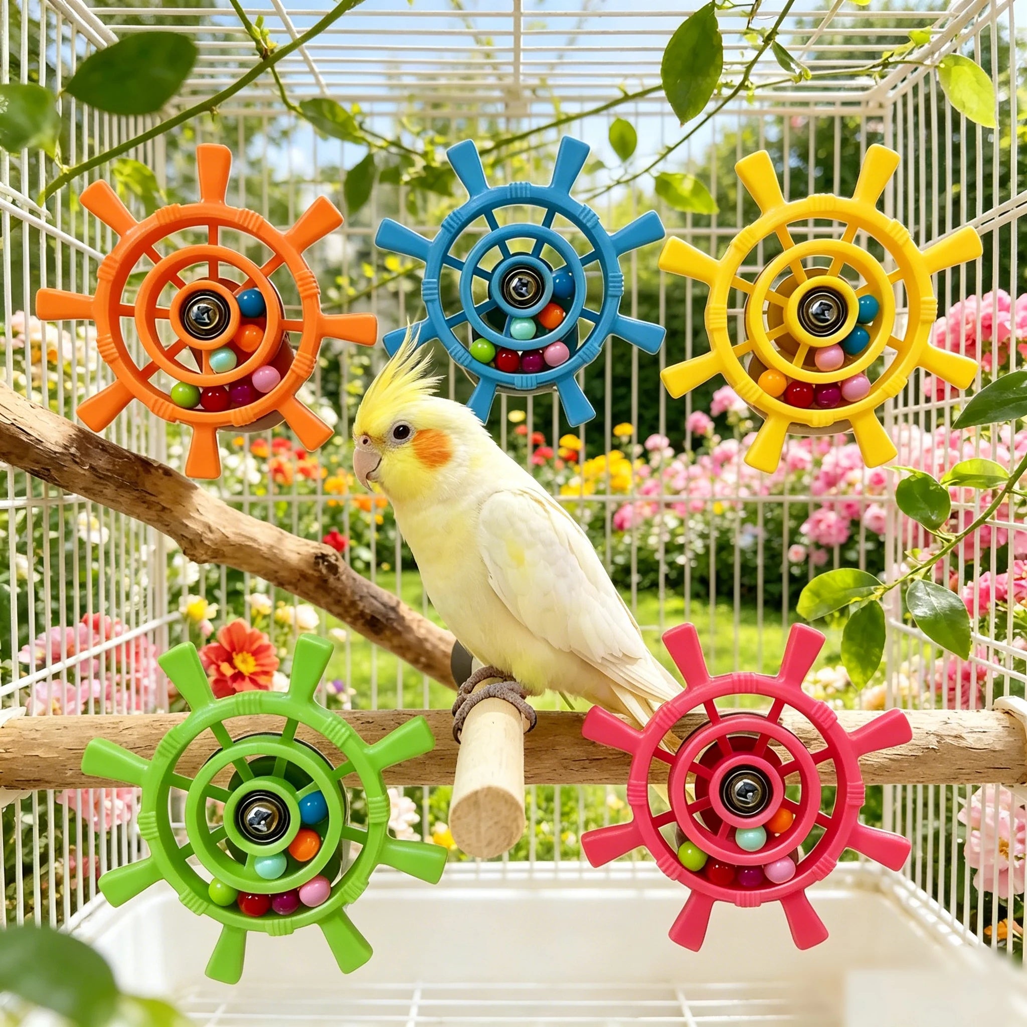 Rudder Shaped Parrot Spinner Rattle Bite Resistant Colorful Beads Bird Cage Plastic Interactive Spinning Wheel Small Birds Toy
