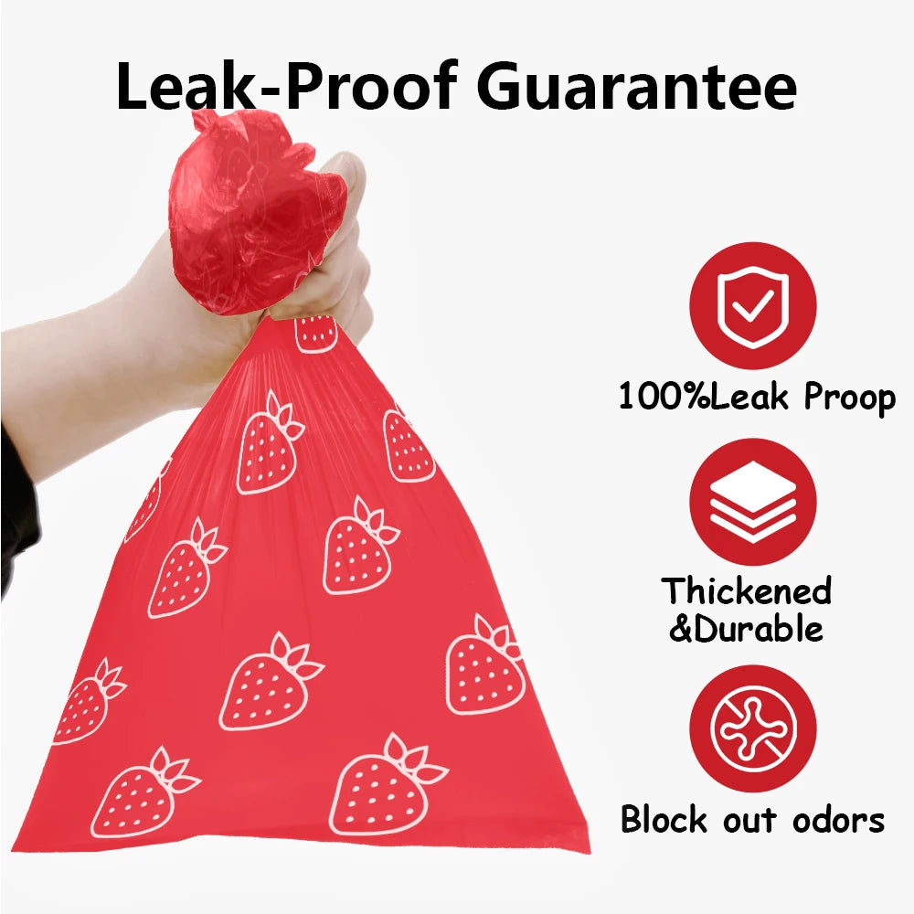 Photodegradable and Thickened Dog Feces Bag with Strawberry Fragrance and a Leak Proof Pet Feces Bag Dispenser