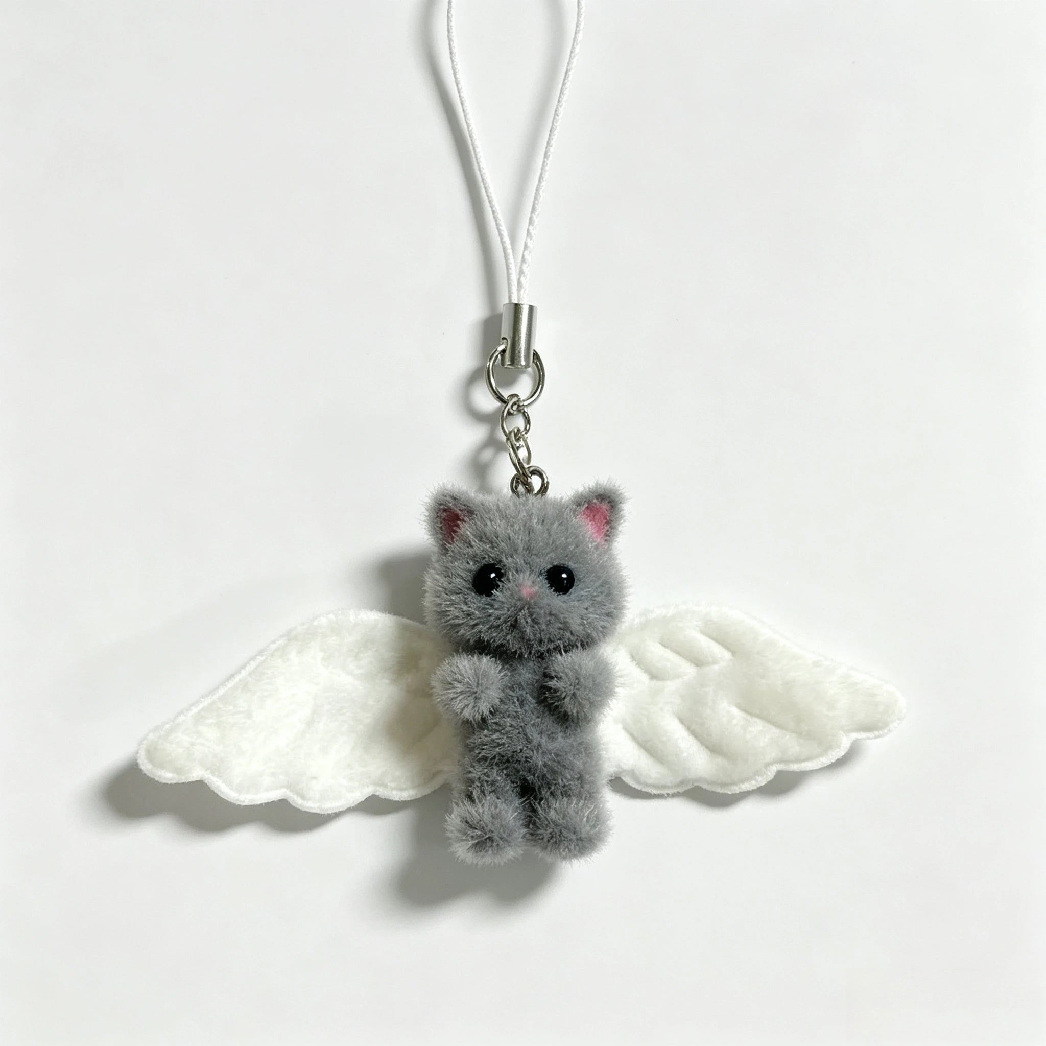 Cute Angel Wing Flocking Cat Charm Keychain for Women Cute Mini Kitten Bag Pendant Sweet Girl Phone Lanyard Keychain Accessories