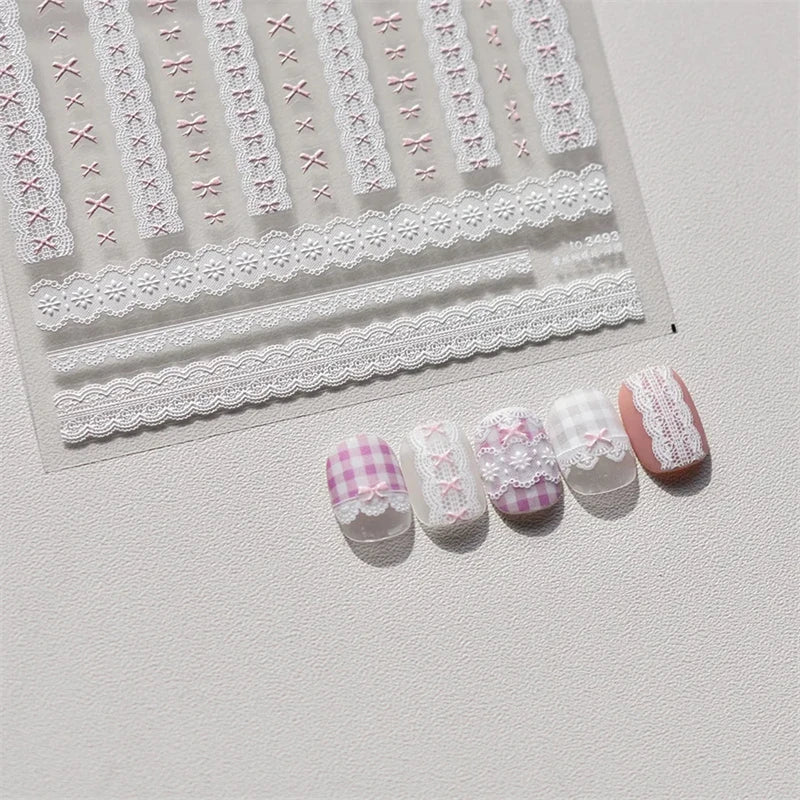 1pcs Sweet Pearl Lace Bow Nail Stickers Love Heart Pink White Black Lace Bow Self Adhesive Nail Art Decorations Decals Accessory