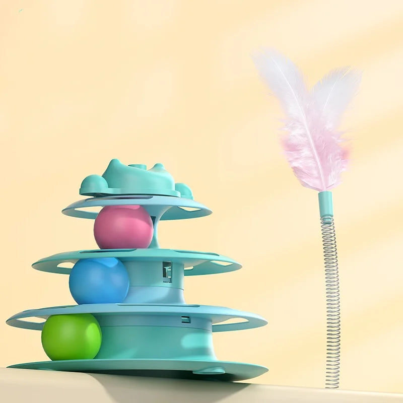 Pattern Feather Cat Toy, Three-layer Rotating Tower with Ball, Indoor Cat Interactive Fun&Christmas, New Year Pet Toys
