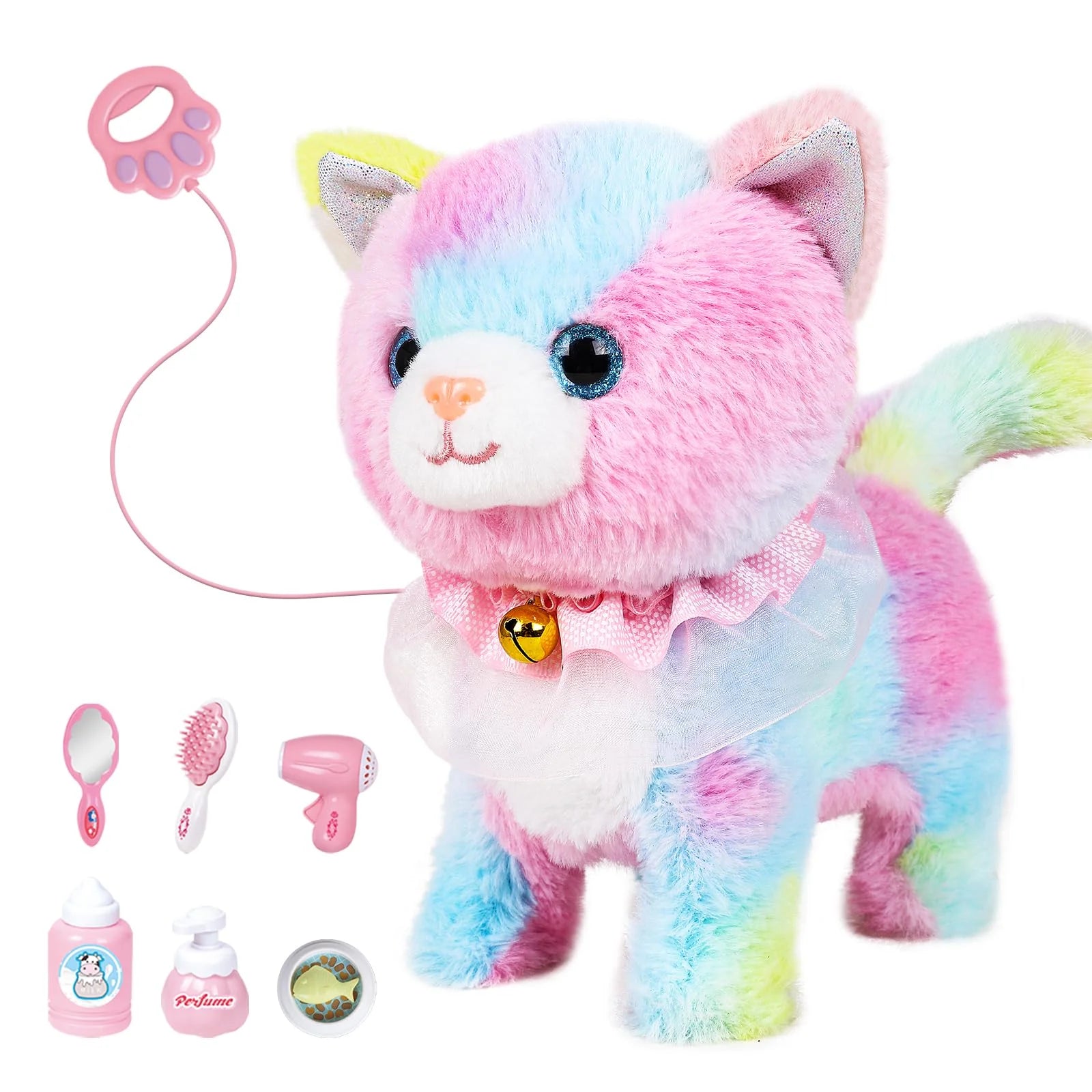 Kids RC Rainbow Cat Plush Toy Walking Kitten Grooming Beauty Accessories Set Adorable Pet Toy Birthday Present For Little Girls