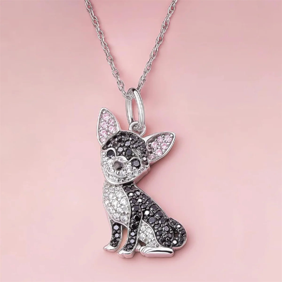 Exquisite Cute Pink Ear Black Chihuahua Pendant Necklace for Women Elegant Pet Puppy Jewelry Animal Accessories Dog Lovers Gift
