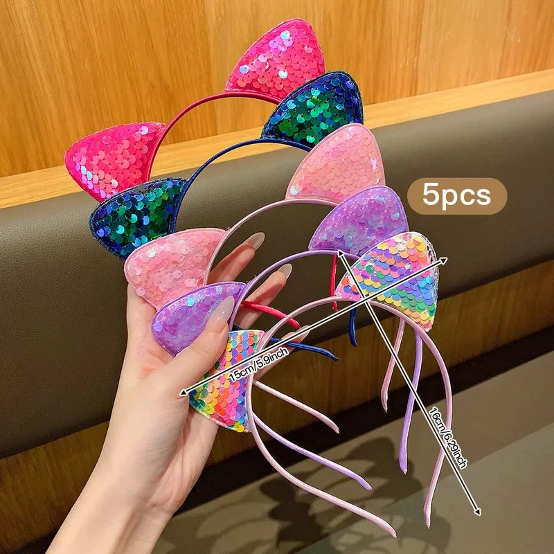 5 Colors Sequin Cat Ear Headband, Sweet Cute Hairband Daily Casual Sweet Hair Accessories for Women Girls