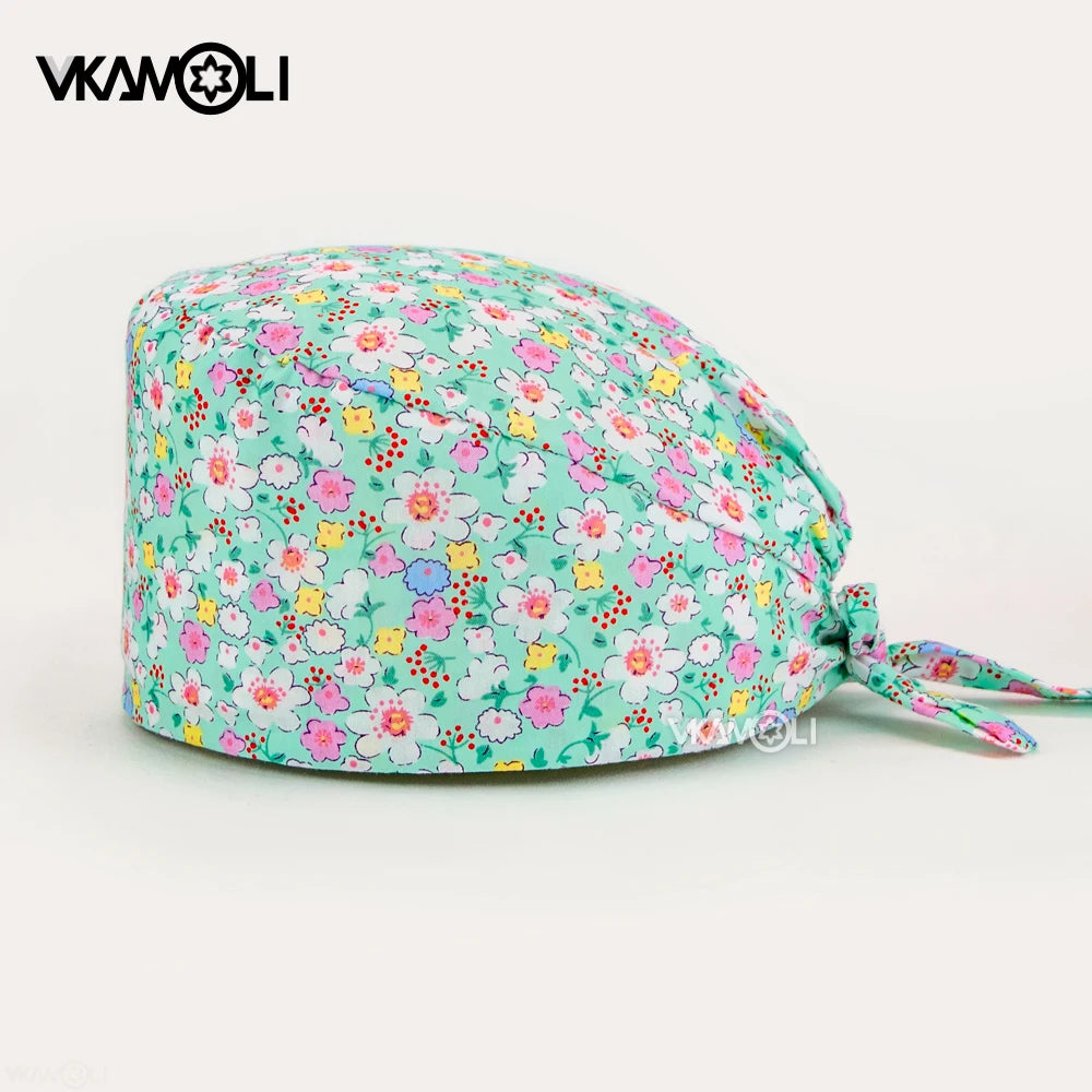 women's Cotton scrubs caps weat-absorbent Elastic Section pet grooming nursing work hats lab Flower print scrub hat Wholesale