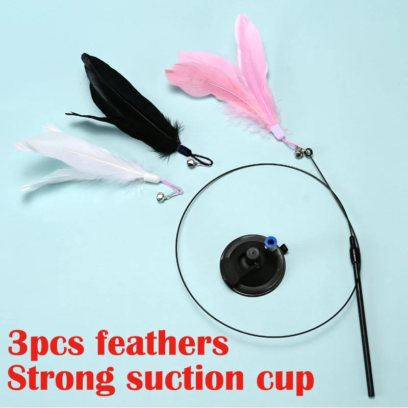 Interactive Cat Toy Handfree Cat Stick Kitten Playing Teaser Wand Toy Suction Cup Feather Wand Pet Supplies Simulation Feather