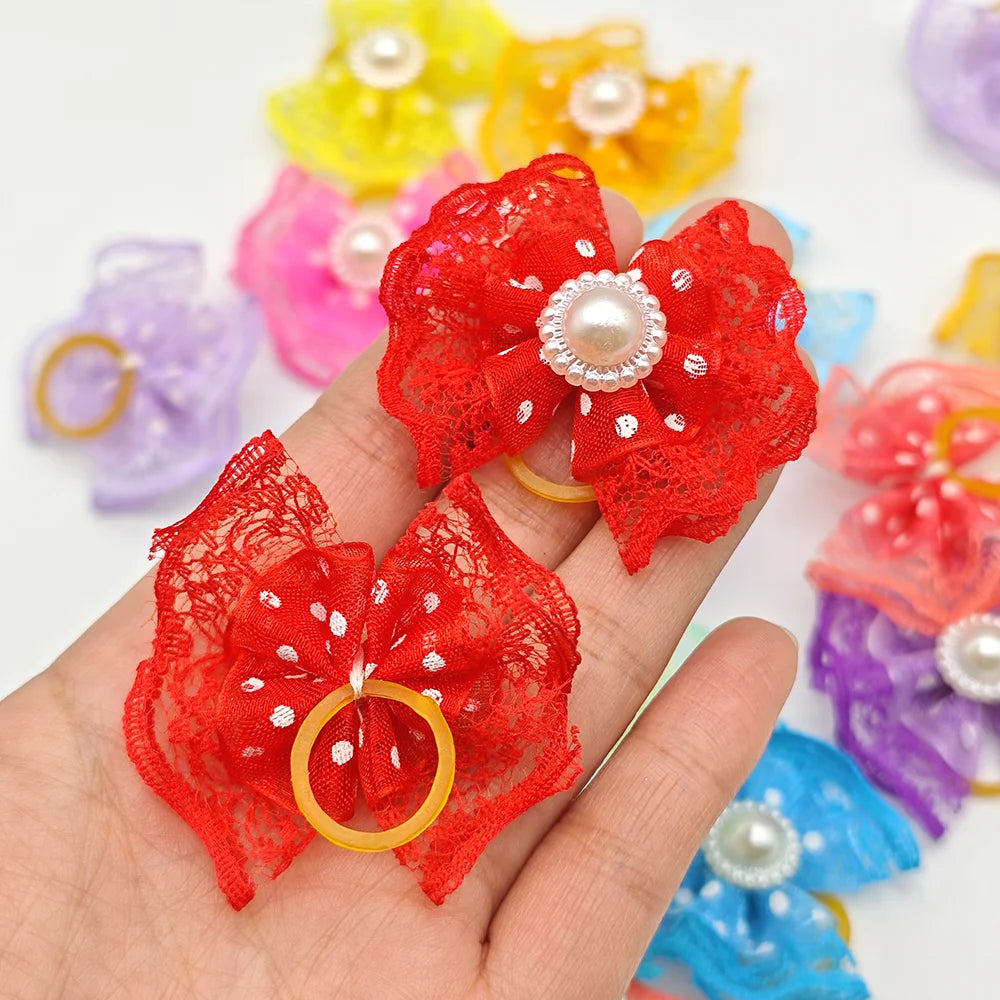 10pcs Bright Double-layer Lace Bows For Dogs 13 Colors Dog Grooming Hair Accessories Pet Rubber Band Hair Clips Puppy Supplies