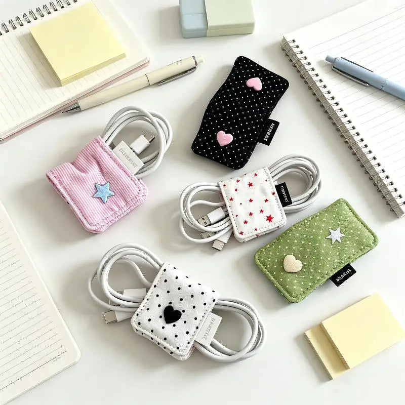 ^Earphone Decoration Accessories Handmade Fabric Cute Wave Dot Earphone Storage Bag Data Cable Organizer