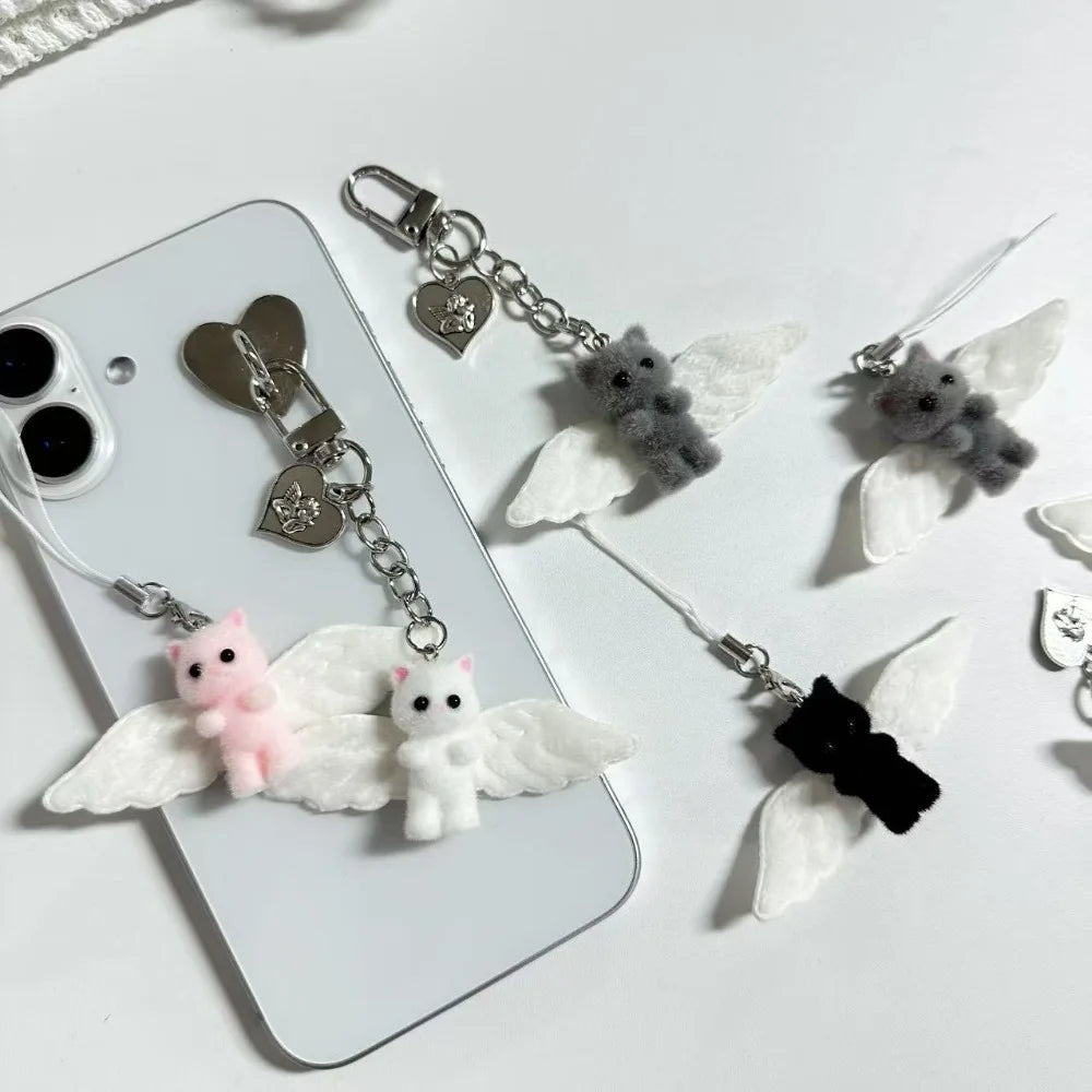 Cute Angel Wing Flocking Cat Charm Keychain for Women Cute Mini Kitten Bag Pendant Sweet Girl Phone Lanyard Keychain Accessories