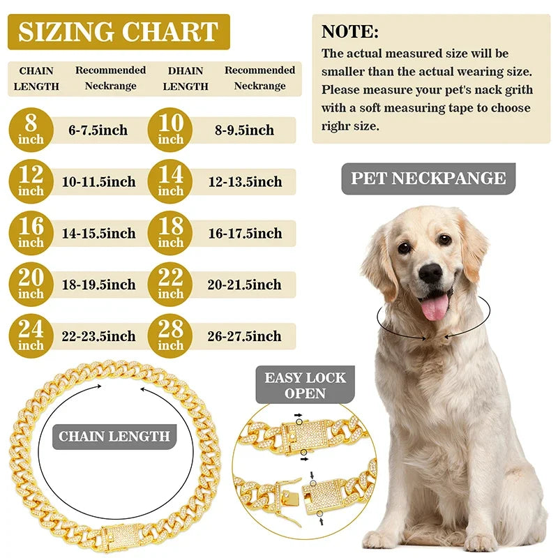 Dog Chain Diamond Cuban Collar Walking Metal Chain Collar with Design Secure Buckle, Pet Cat Cuban Collar Jewelry Accessories