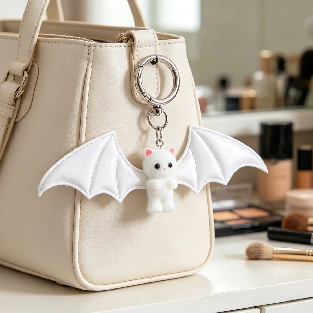 Cute Angel Wing Flocking Cat Charm Keychain for Women Cute Mini Kitten Bag Pendant Sweet Girl Phone Lanyard Keychain Accessories