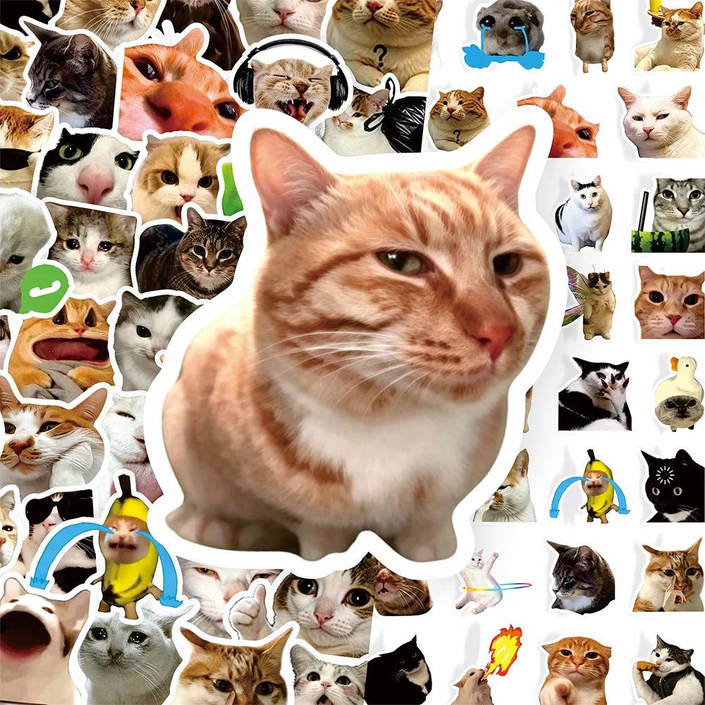 10/50/100pcs Funny Cat Meme Cartoon Stickers Waterproof DIY Laptops Water Bottles Phones  Cute Animal Decals Toys Gifts