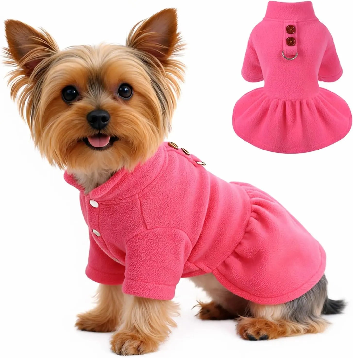 Small Dog Fleece Sweater Dress with Skirt & D-Ring Winter Puppy Outfit