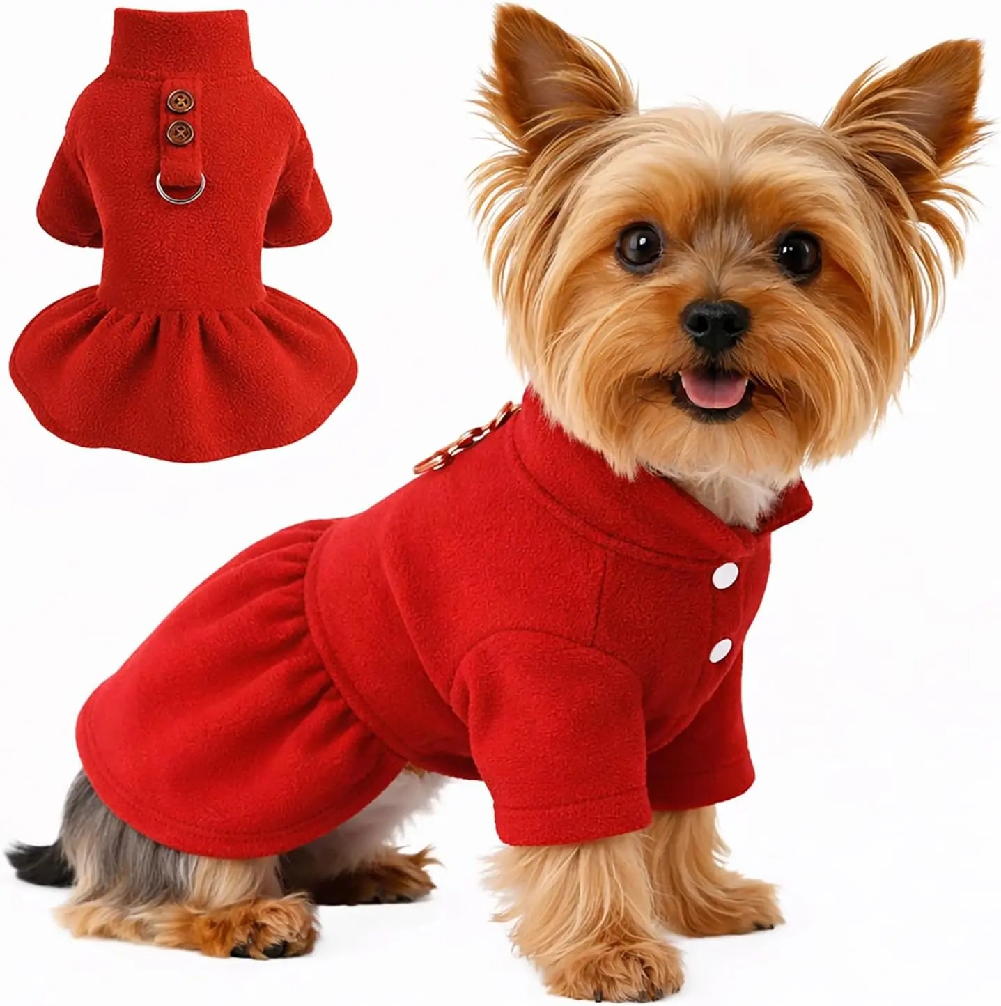 Small Dog Fleece Sweater Dress with Skirt & D-Ring Winter Puppy Outfit