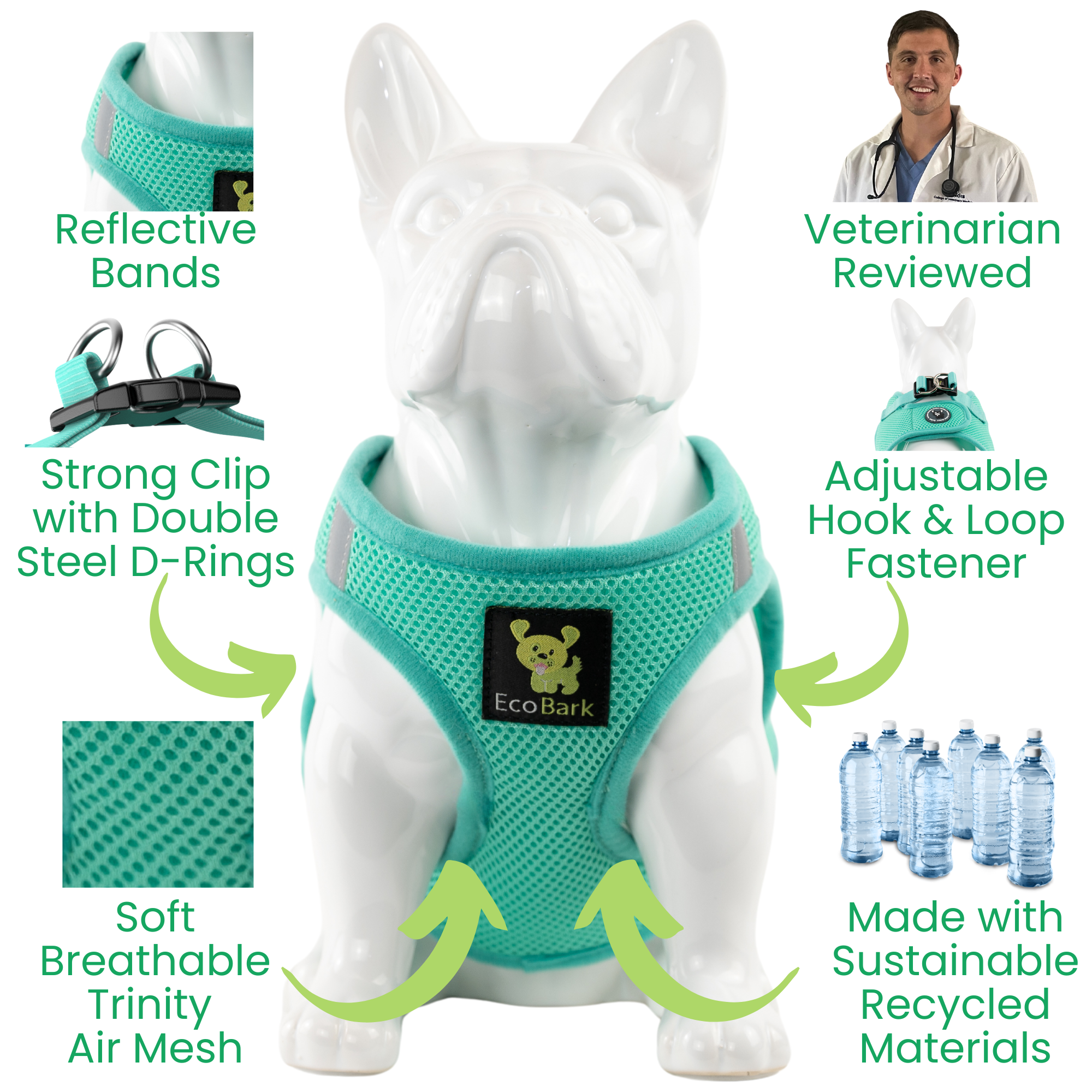 EcoBark Step In Dog Harness - Teacup & Small Breeds- Reflective Soft Mesh Harness for Teacup, Small Dogs and Puppies / Mint Turquoise