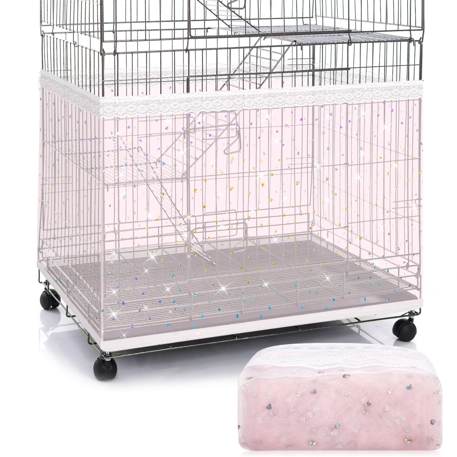 Large Bird Cage Cover Birdcage Nylon Mesh Net Cover Seed Feather Catcher Twinkle Star Universal Birdcage Cover Bird Seed Guard Skirt For Parakeet Macaw African Round Square Cage (Pink,Xl)