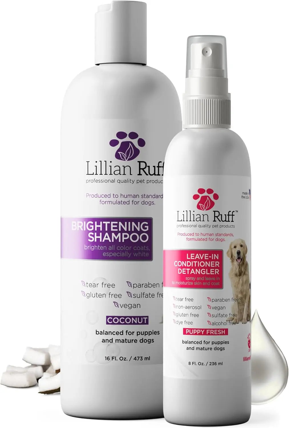 Whitening Dog Shampoo & Leave-In Conditioner Detangler Odor Control Set