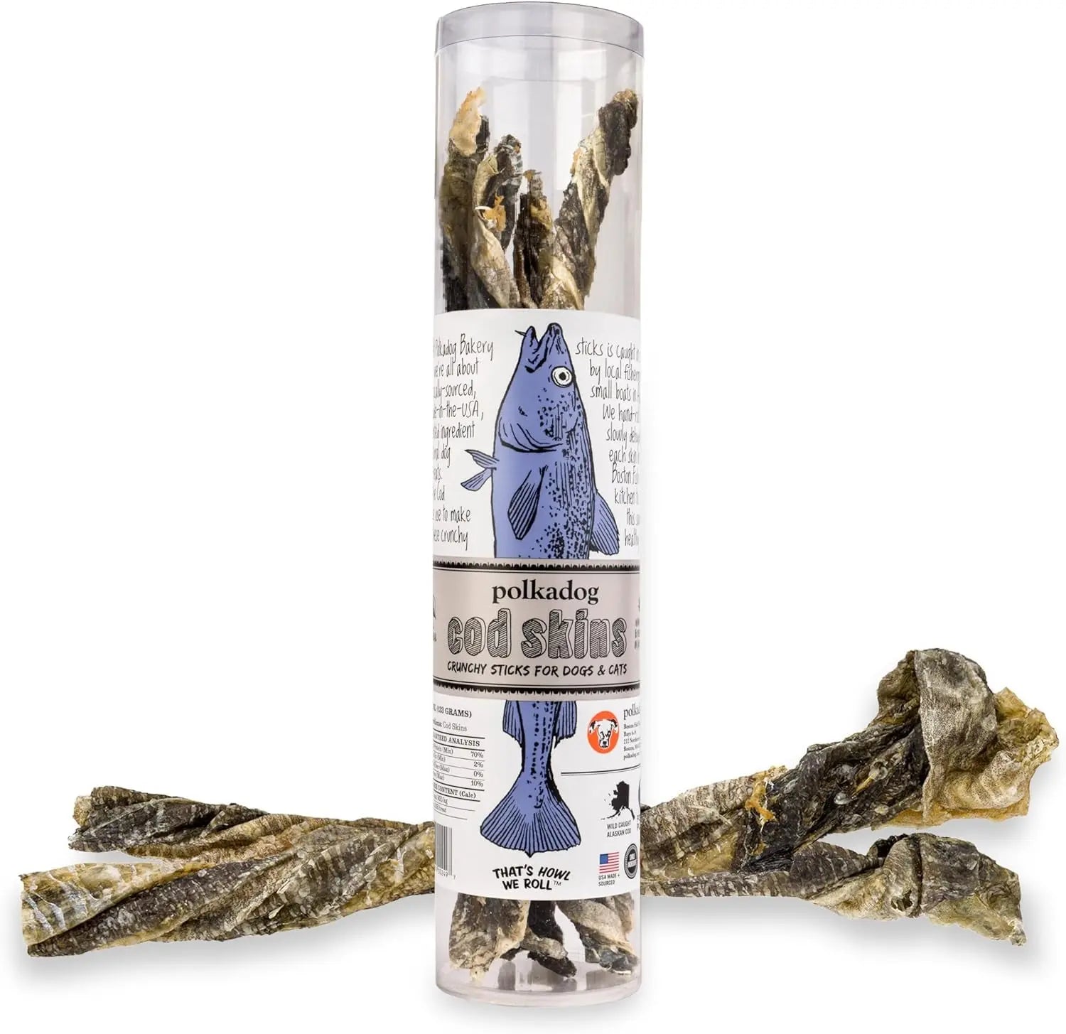 Wild Caught Cod Skins Dog Treats 4.7oz Single Ingredient USA Made