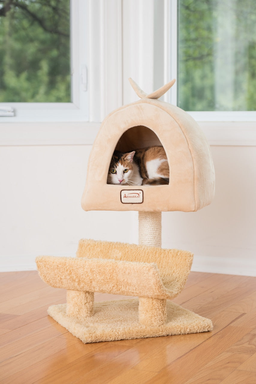 Armarkat X3007 Real Wood Cat Condo, Cat Scratching Post With Plush Condo, Cuddle