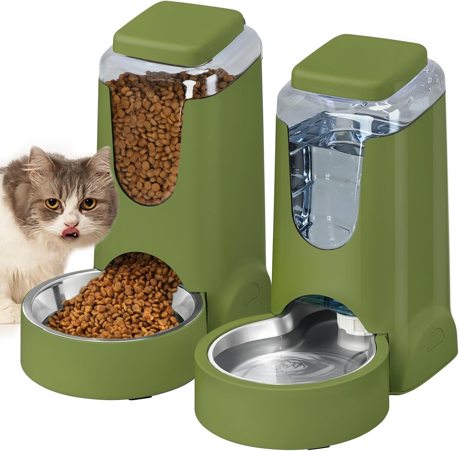 Automatic Cat Feeder & Water Dispenser Set, Steel Bowls, 1 Gallon