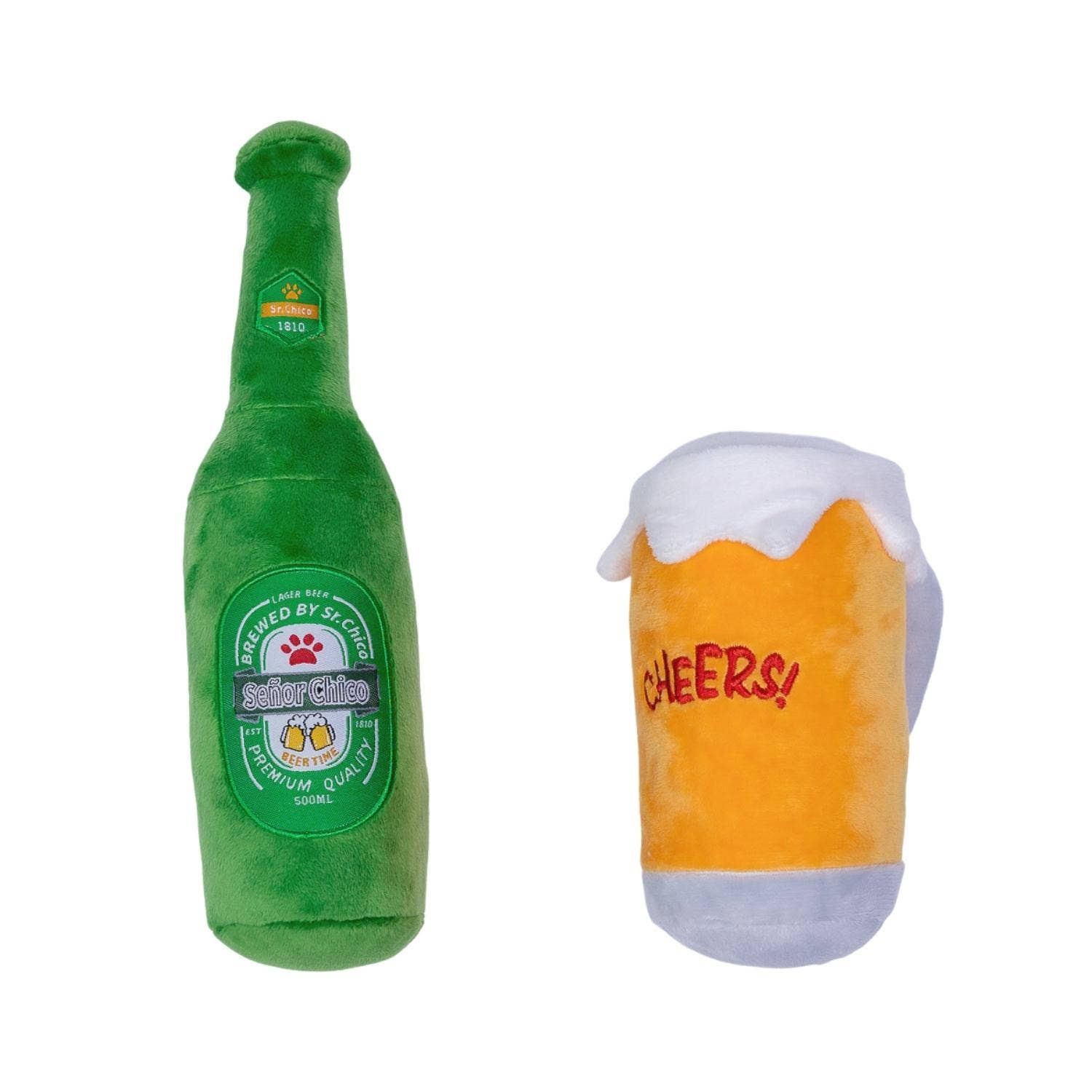 Beer Bottle & Cheers Glass Plush Dog Toy Set, Squeakers & Crinkle Paper