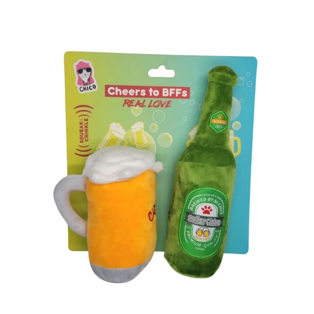 Beer Bottle & Cheers Glass Plush Dog Toy Set, Squeakers & Crinkle Paper