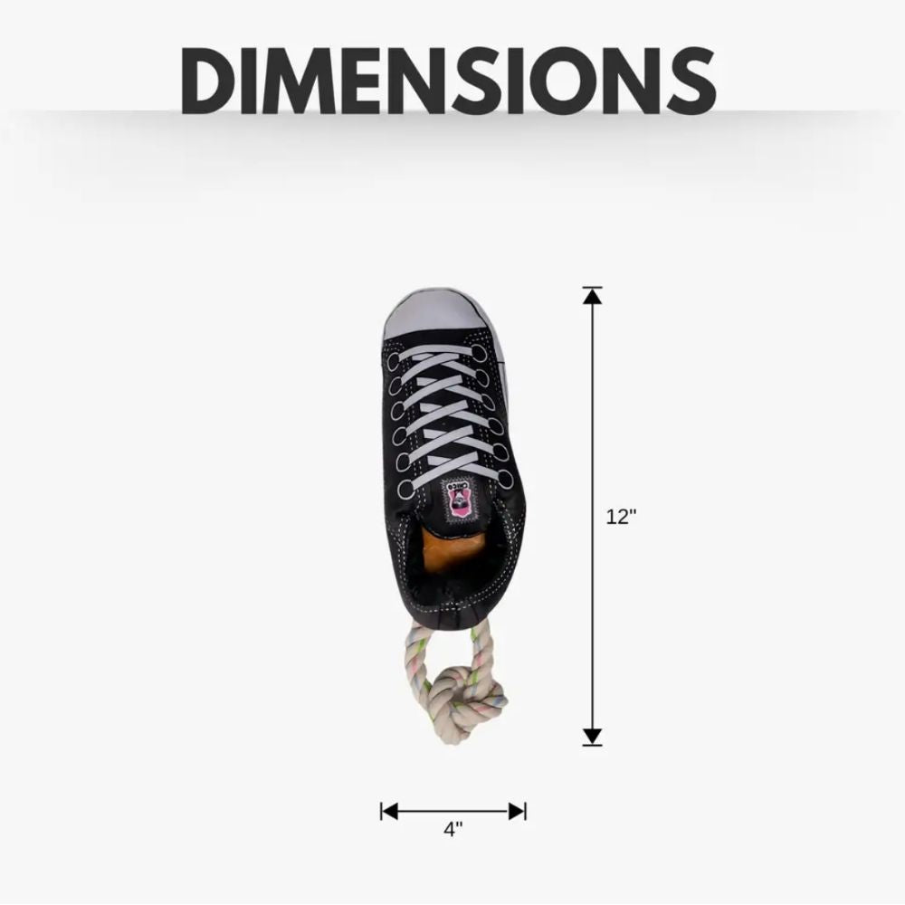 Black Squeaky Plush Sneaker Dog Toy with Rope & Treat Compartment