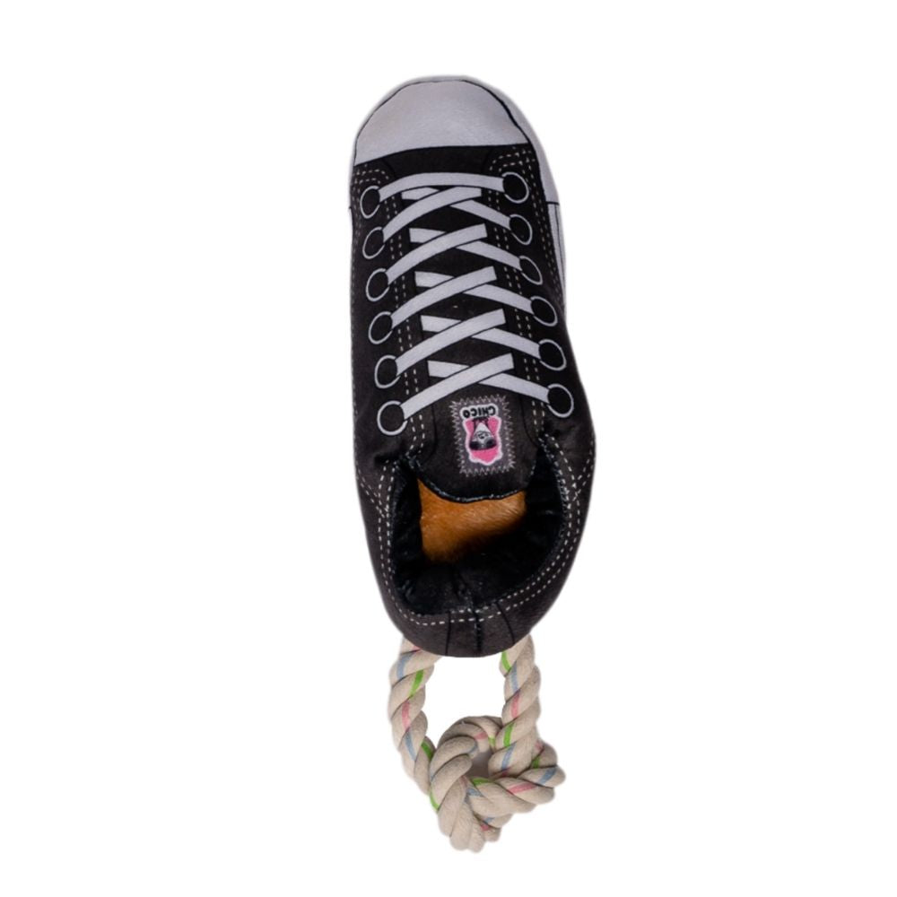 Black Squeaky Plush Sneaker Dog Toy with Rope & Treat Compartment