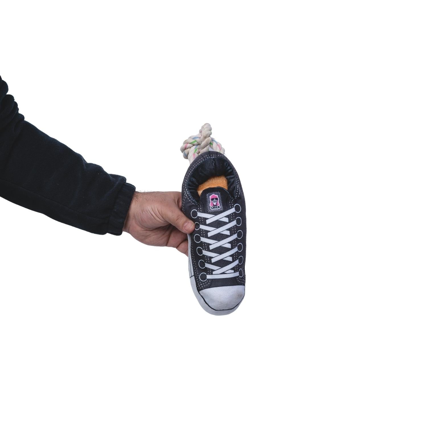 Black Squeaky Plush Sneaker Dog Toy with Rope & Treat Compartment