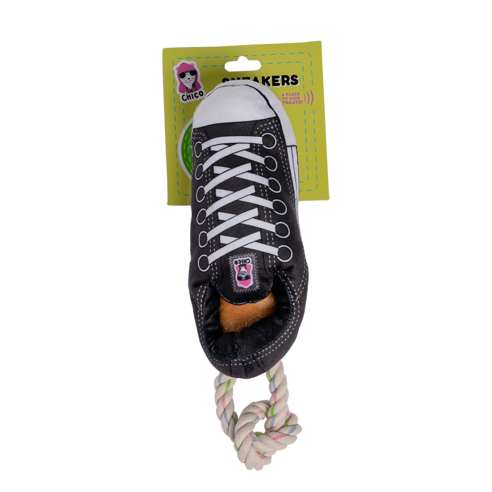 Black Squeaky Plush Sneaker Dog Toy with Rope & Treat Compartment