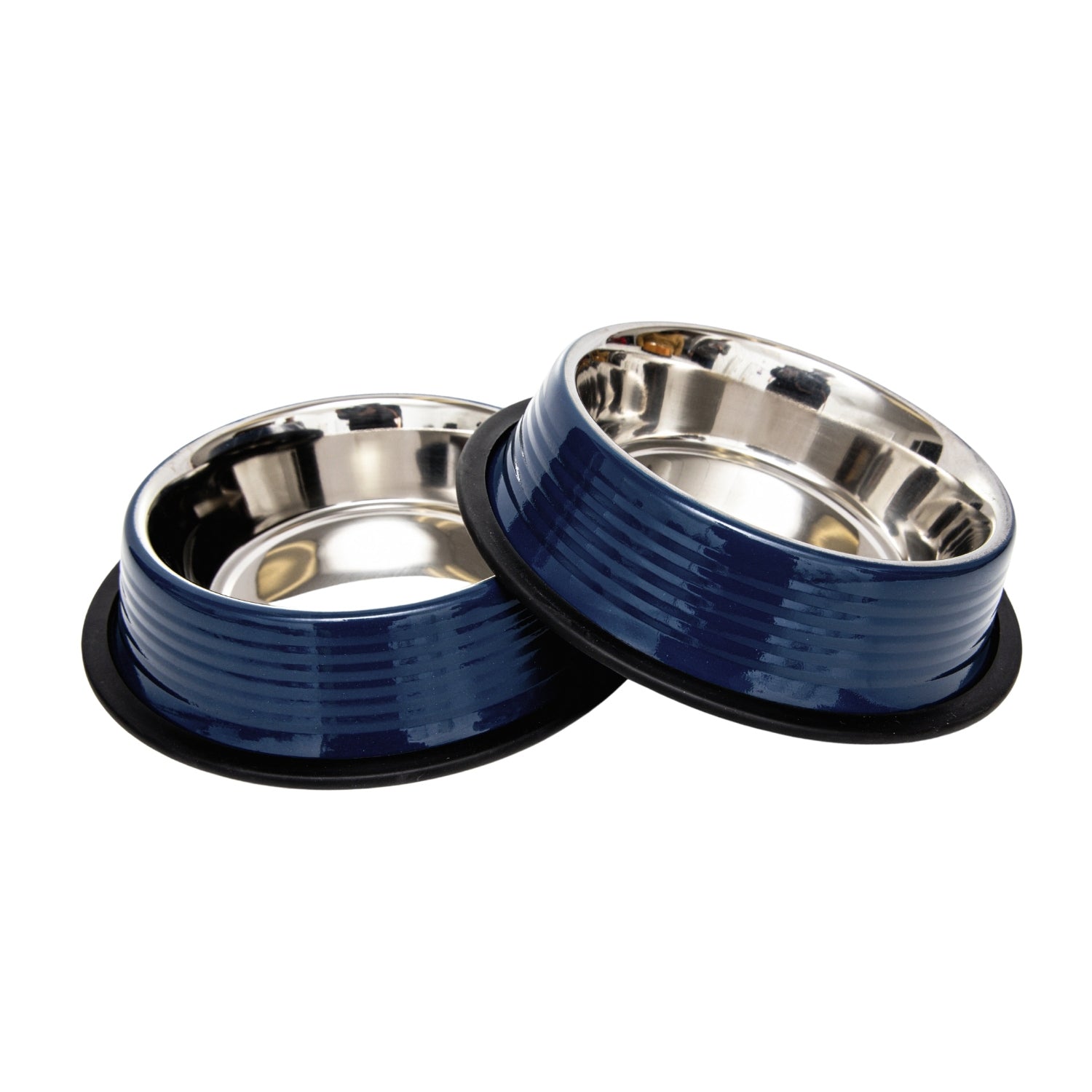 Country Living Ribbed Stainless Steel Pet Bowls – Poseidon Blue | Set of 2 | Non-Slip Base