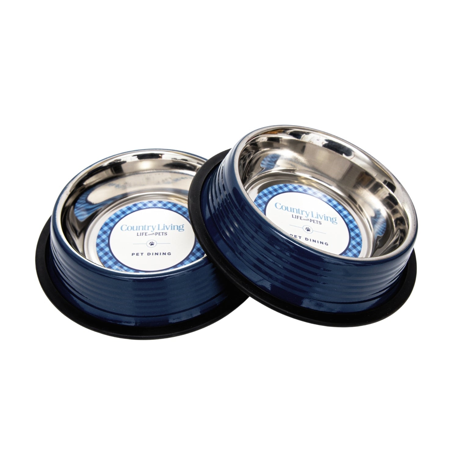 Country Living Ribbed Stainless Steel Pet Bowls – Poseidon Blue | Set of 2 | Non-Slip Base