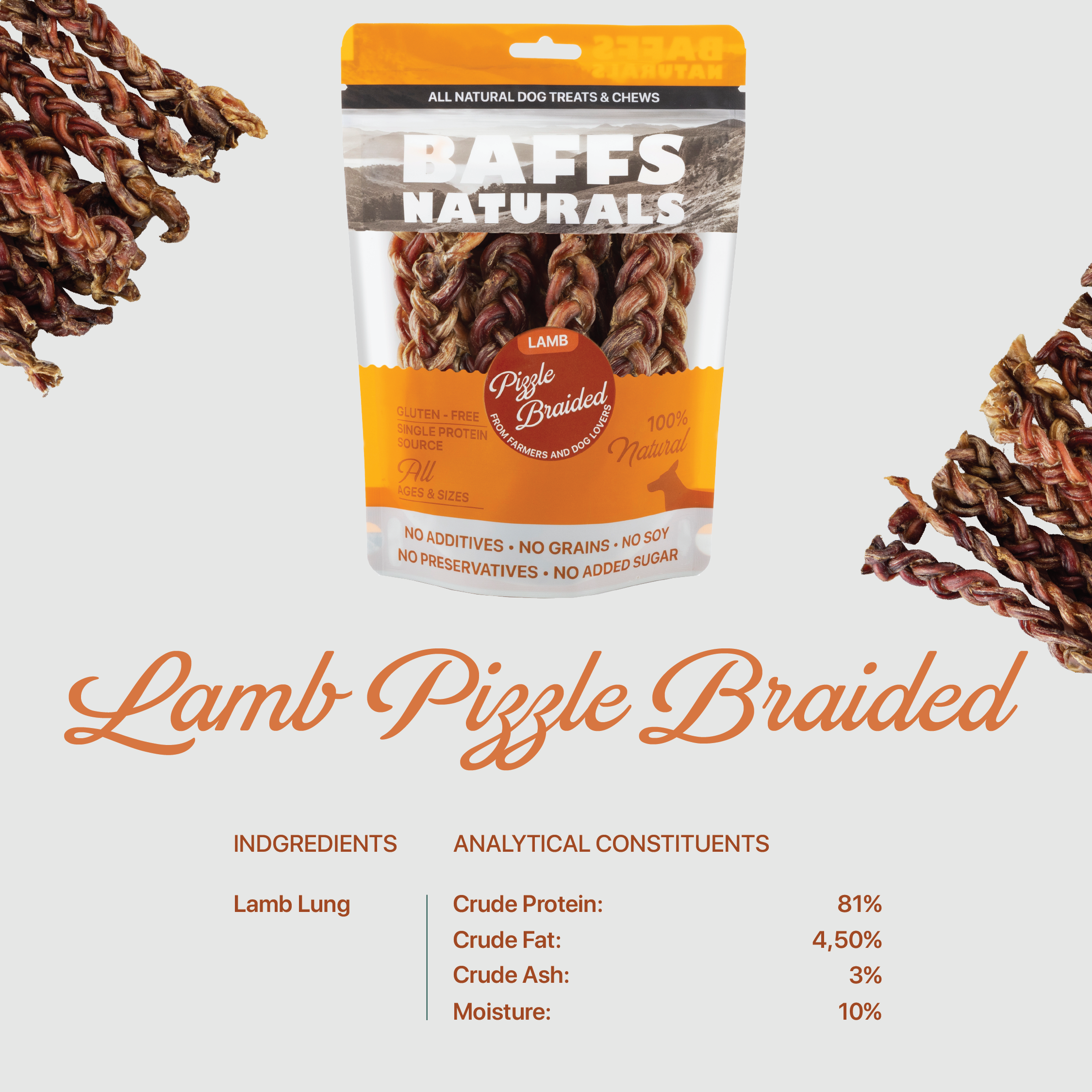 BAFFS NATURALS Braided Lamb Pizzle Dog Chews, 8 oz